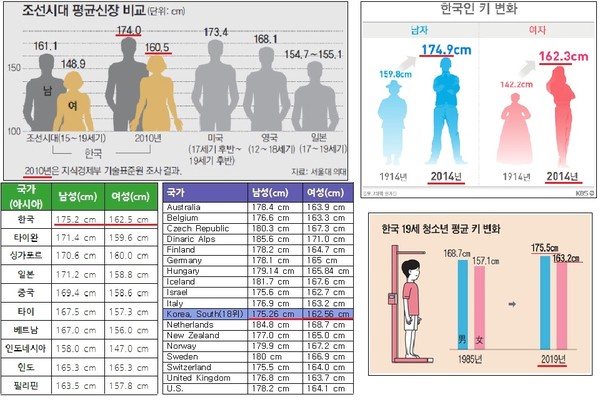 한국인의 키 변화. 20대 기준으로 아시아 최장신이고 유럽인과도 비슷하다