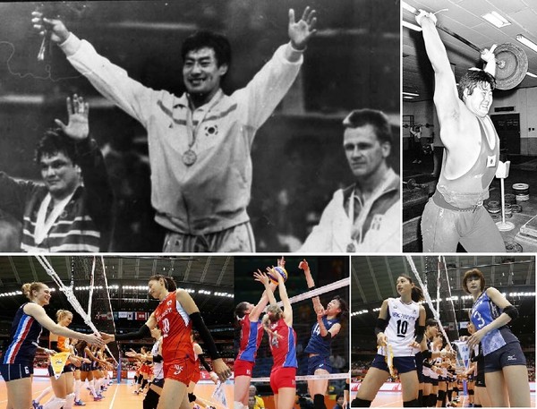 1984년 LA올림픽 선수 입장 때 기수를 맡았던 유도의 하형주 선수(185cm, 위 왼쪽)와 1986년 서울아시안게임에서 기수였던 역도의 이민우 선수(191cm). 아래쪽은 외국 선수들에 뒤지지 않는 여자 배구선수들