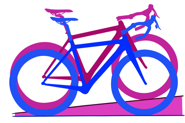 오르막에서는 자전거 앞쪽이 들려 (뒤편 빨간색) 균형을 유지하려면 무게중심을 앞쪽으로 낮게 둬야 한다