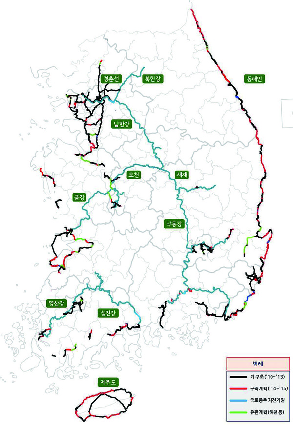 국가 자전거도로망. 현재는 지도에 표시된 부분 대부분이 구축되어 있다 